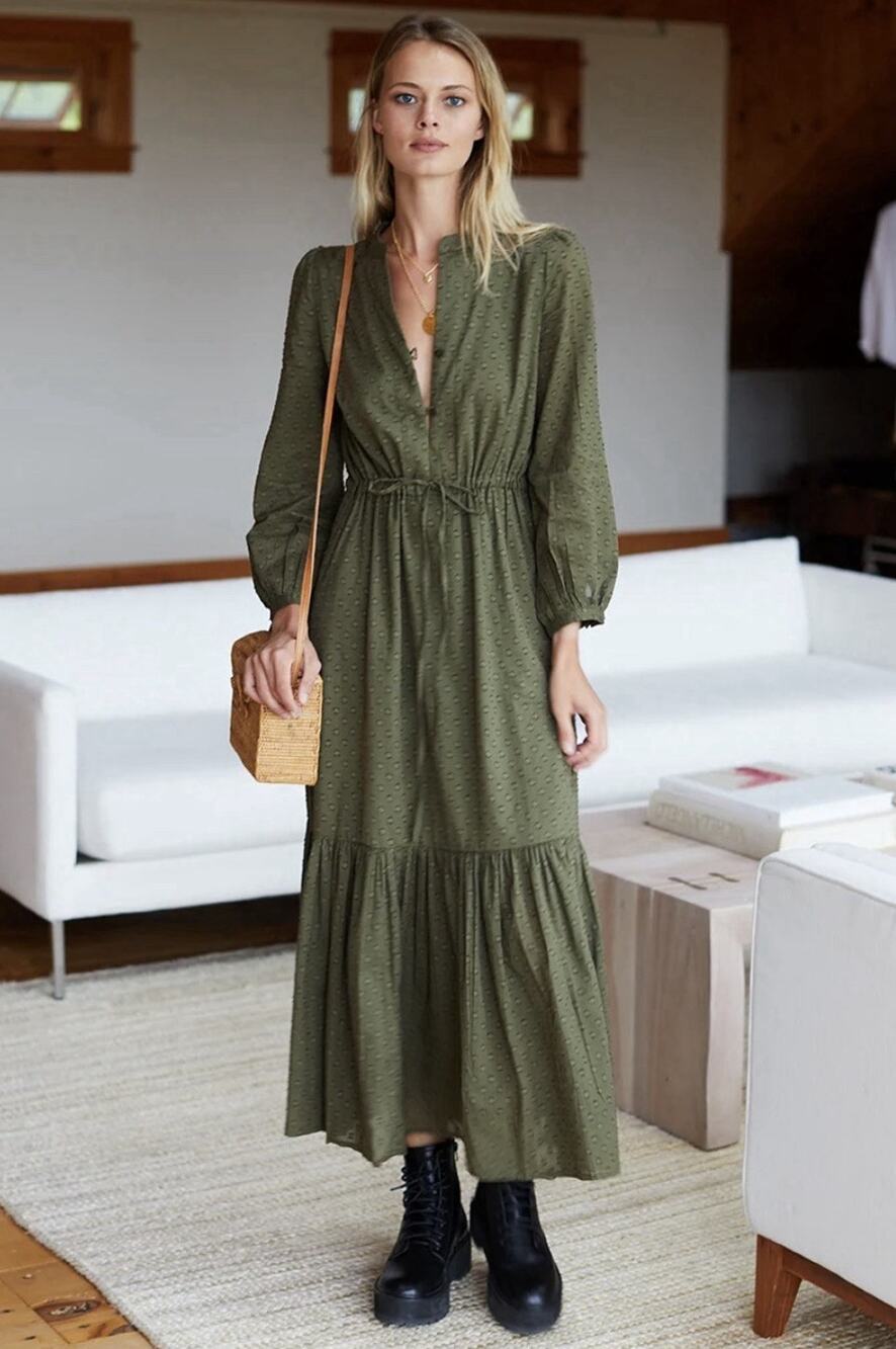 Emerson Fry India Collection Moss Swiss Dot Frances 3 Maxi Dress Sz L